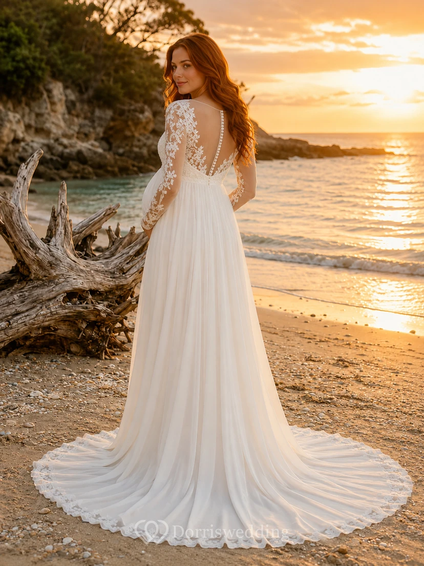 Maternity Wedding Dress V-Neck Long Sleeve Lace A-Line Beach Bridal Gown with Court Train view 2
