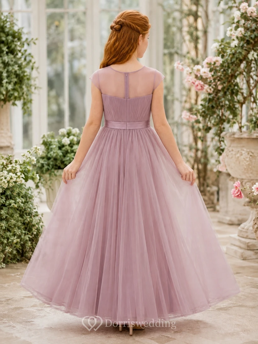 Vintage-Brautjungfernkleid in Mauve, A-Linie, herzförmiger Schnitt, kurze Ärmel, Spitze, romantisch view 2