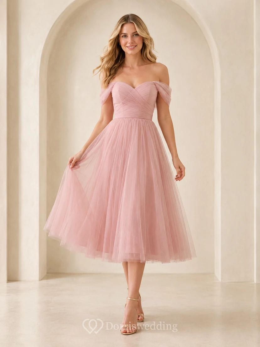 Petal Waltz Blush A-Line Tea-Length Off-Shoulder Short-Sleeve Tulle Romantic Cocktail Dress