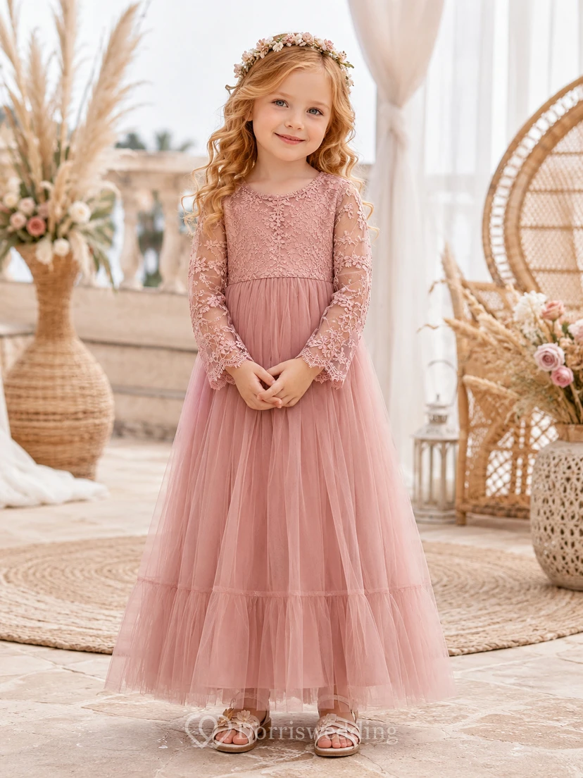 Blumenmädchenkleid, mauvefarbener Tüll, A-Linie, lange Ärmel, Rundhalsausschnitt, Teelänge