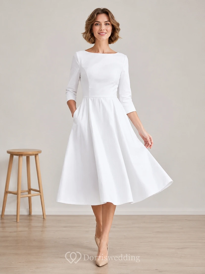 Weißes Midikleid in A-Linie mit Rundhalsausschnitt und Dreiviertelärmeln