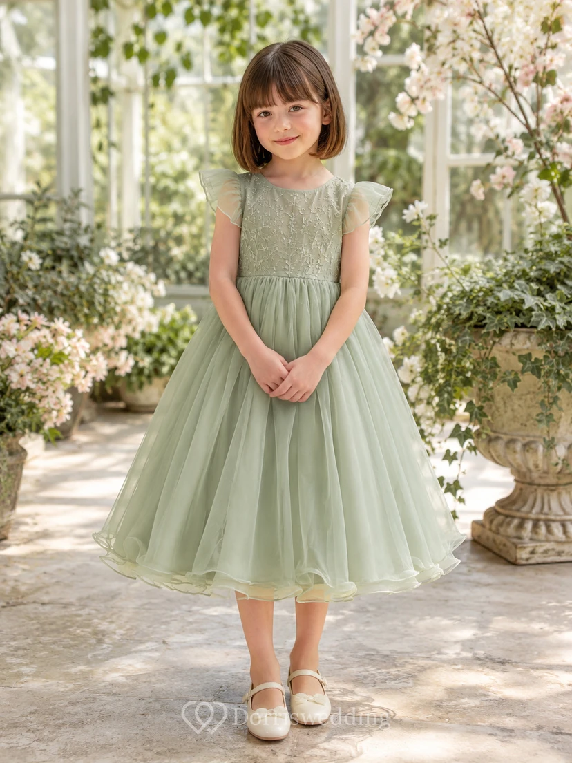 A-Line Spring Garden Flower Girl Dress with Cap Sleeves, Floral Lace Skirt, Full Tulle, Satin Waist, Spring Garden Ceremony Style