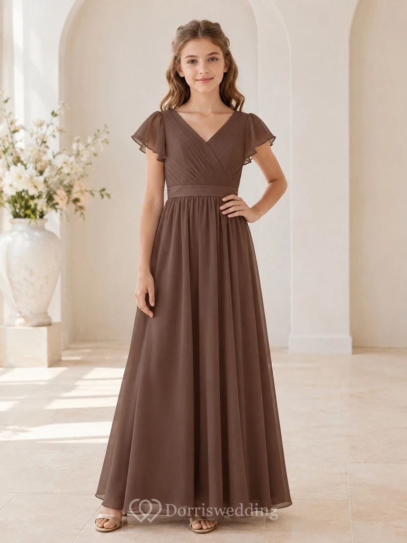 Vestido de dama de honor juvenil color topo, corte en A, escote en V, manga corta, fruncido, elegante.