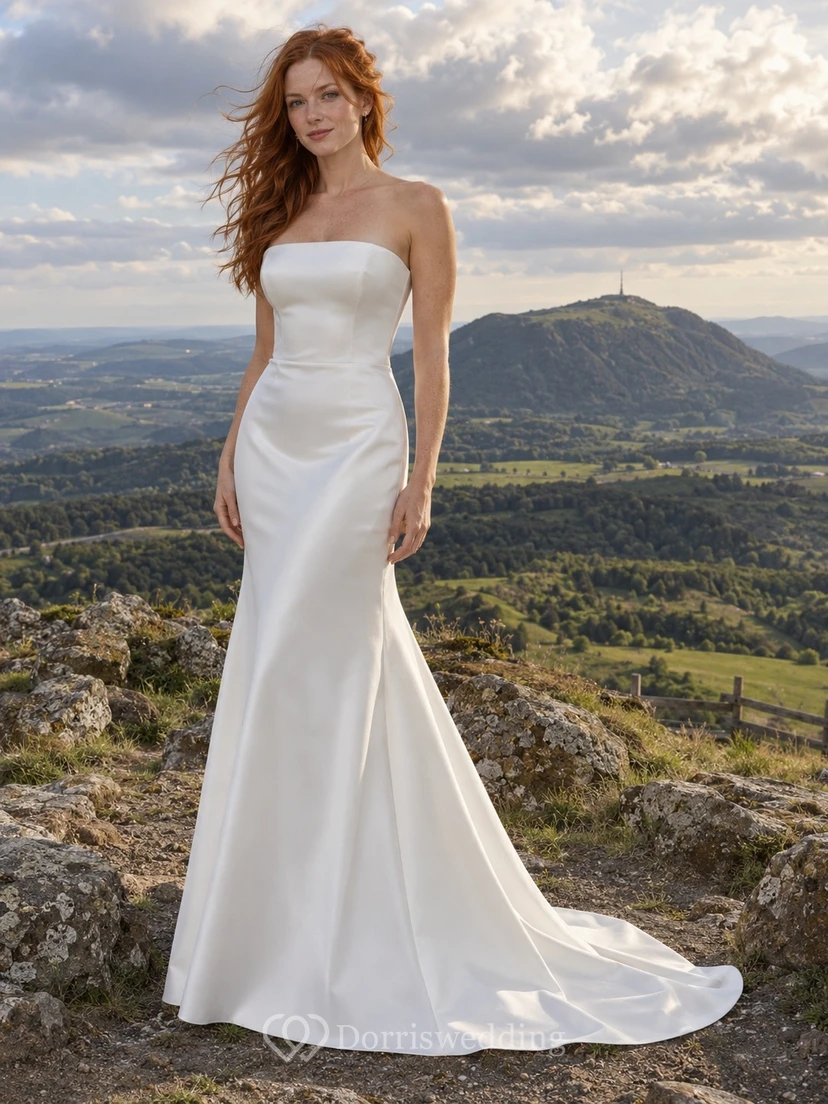 Vestido de novia sencillo de satén sin tirantes estilo sirena, largo hasta el suelo, con cola y cintura natural.