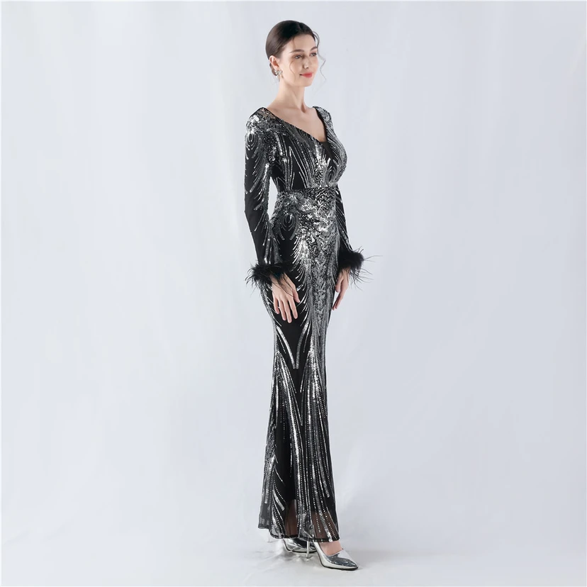 Robe de soirée haut de gamme ornée de perles florales fixes et de poils d'autruche, hôte de la réunion annuelle d'hiver view 22