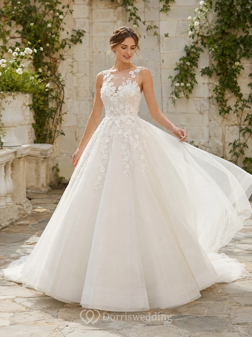 Schlichtes, bodenlanges, ärmelloses Brautkleid mit Trägern in A-Linie für formelle Anlässe