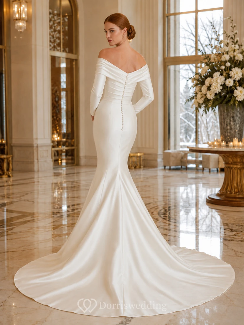 Vestido de novia minimalista de satén elástico estilo sirena con hombros descubiertos, manga larga y cola larga. view 2