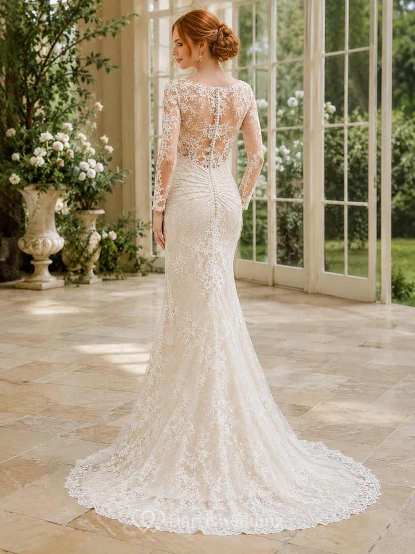 Brautkleid aus Spitze im Meerjungfrauenstil mit V-Ausschnitt, langen Ärmeln und Kapellenschleppe view 2