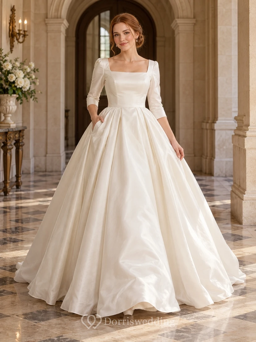 Modest Simple Square Neck Satin Half Sleeve Pleated Ball Gown Wedding Dress
