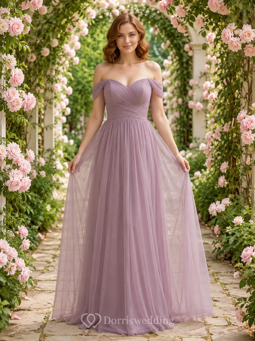 Lavender Rose Garden A-Line Tulle Chiffon Bridesmaid Dress with Off-Shoulder Sweetheart Short Sleeve Bodice, Pleated Floor-Length Skirt and Zipper Back