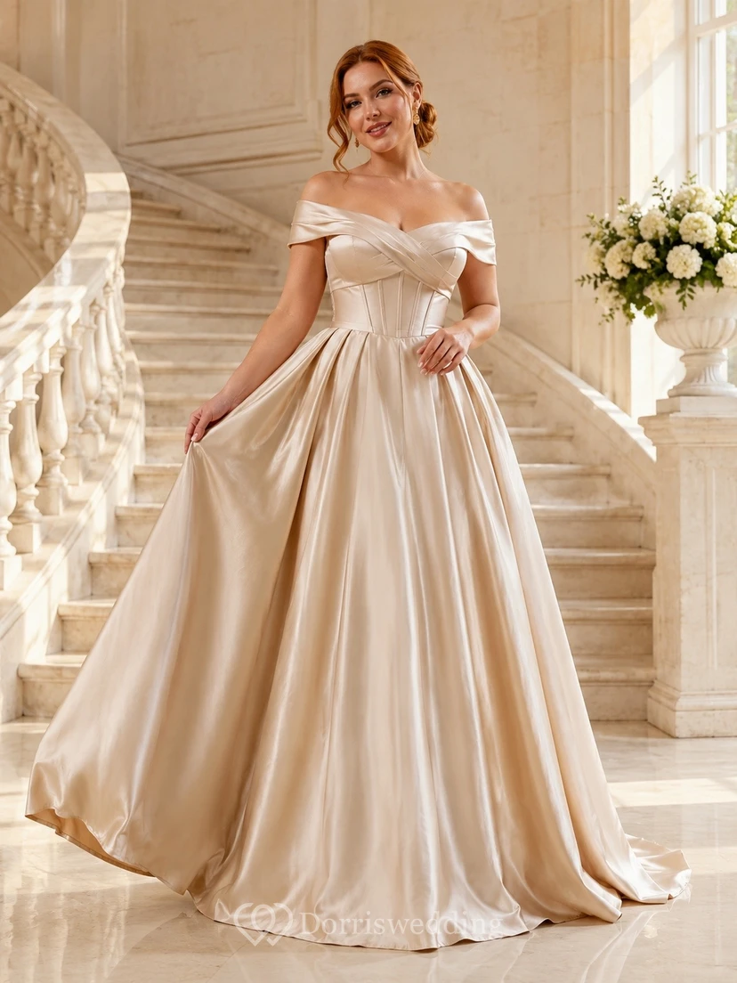 Luxury Champagne Satin Ball Gown Floor-Length Off-Shoulder Short Sleeve Formal Dress