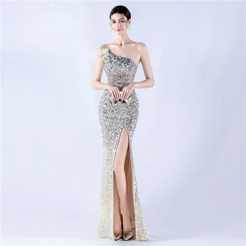 Gradient Velvet Bottom Sequins Craft Beading Ostrich Hair One-Shoulder Oblique Collar High-Slit Evening Dress view 25