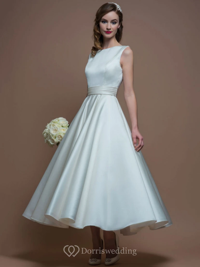 A-Line Jewel-Neck Sleeveless Tea-Length Satin Short Wedding Dress With V Back