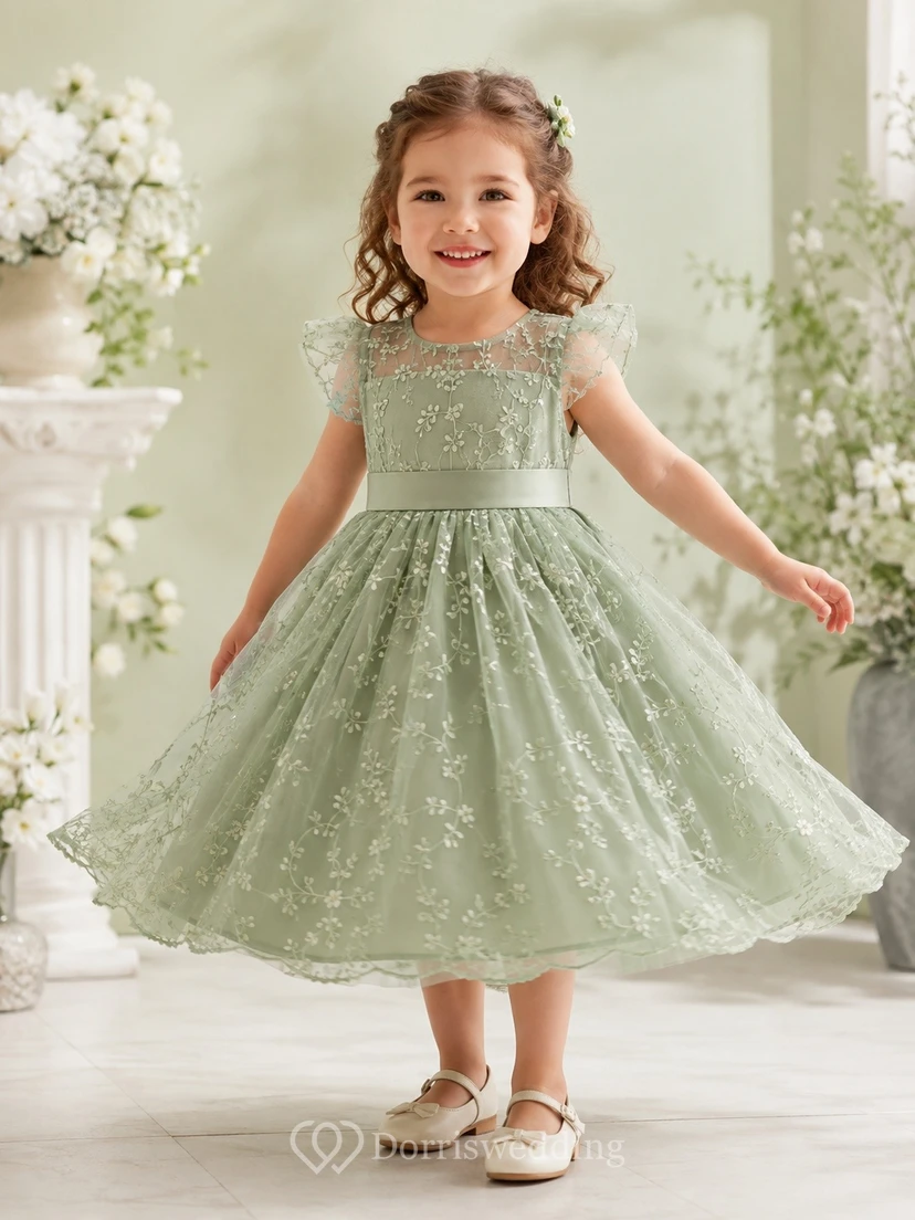 Sage Green Lace Flowergirl A-Line Dress Classic Occasion
