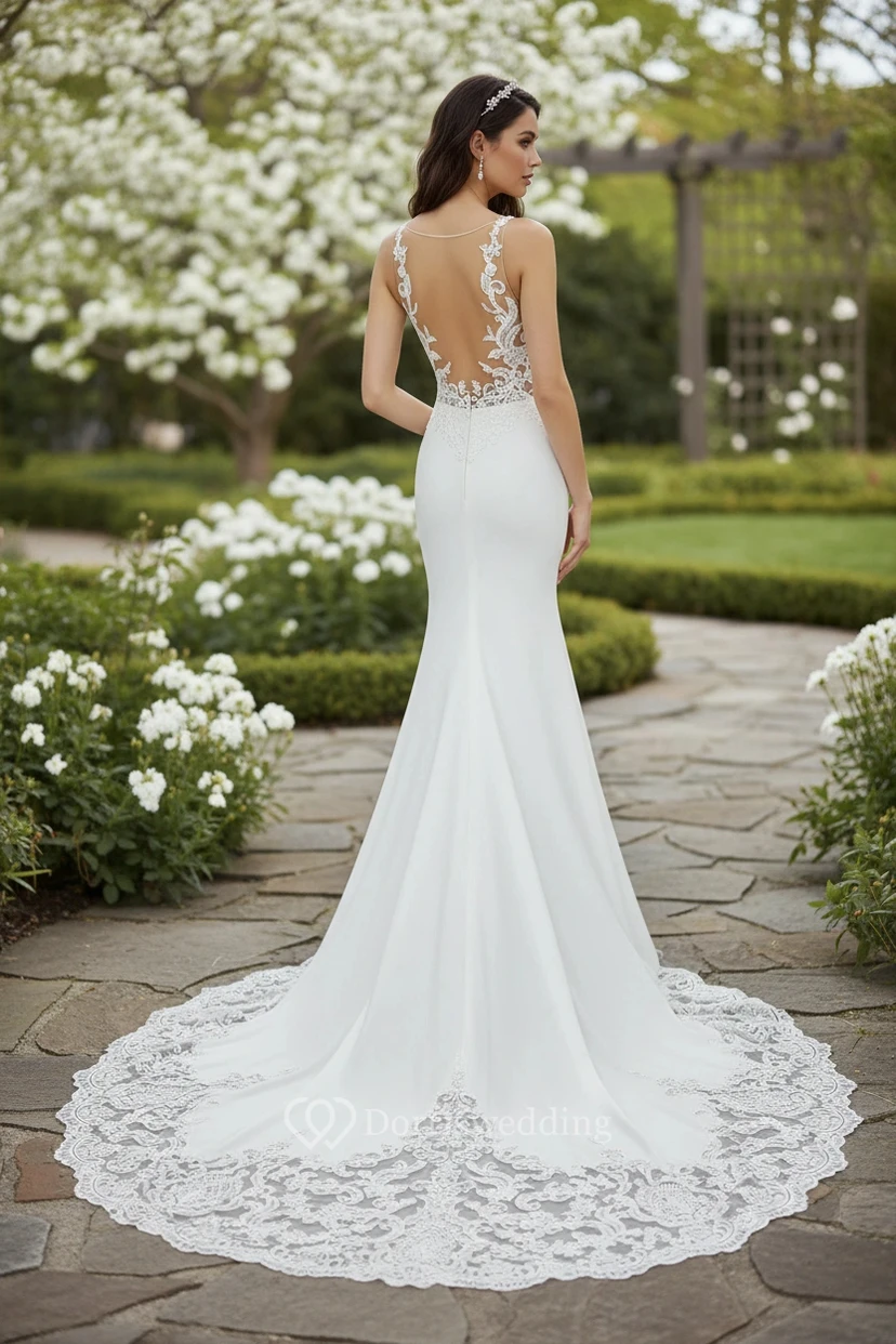 V-Neck Lace Fit and Flare Sheath Wedding Dress view 2