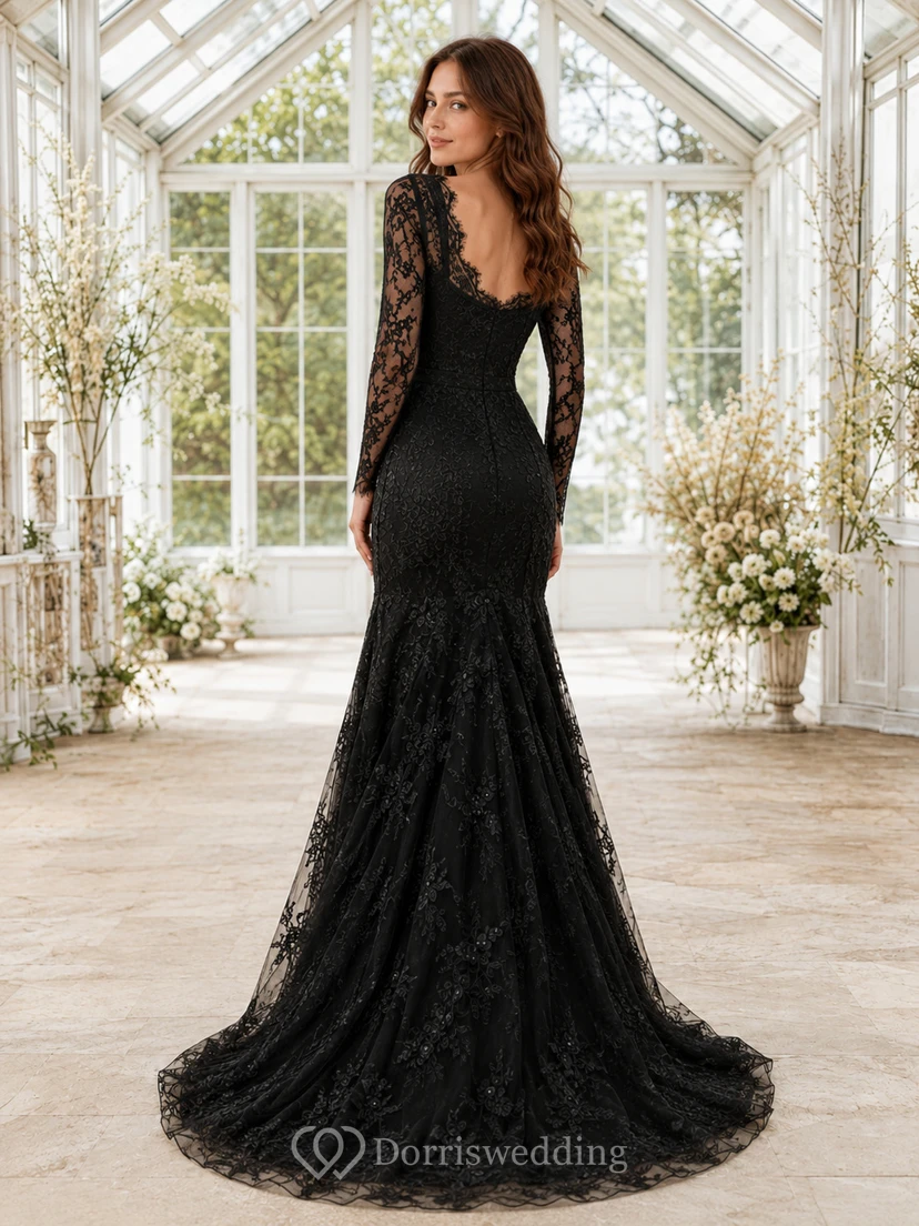 Robe de mariée sirène noire gothique à col festonné et manches longues en dentelle festonnée, longueur au sol view 2