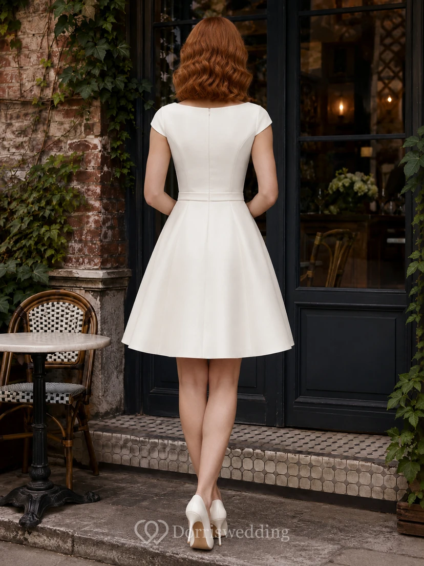 Robe de mariée vintage trapèze à manches bateau arrivant au genou view 2