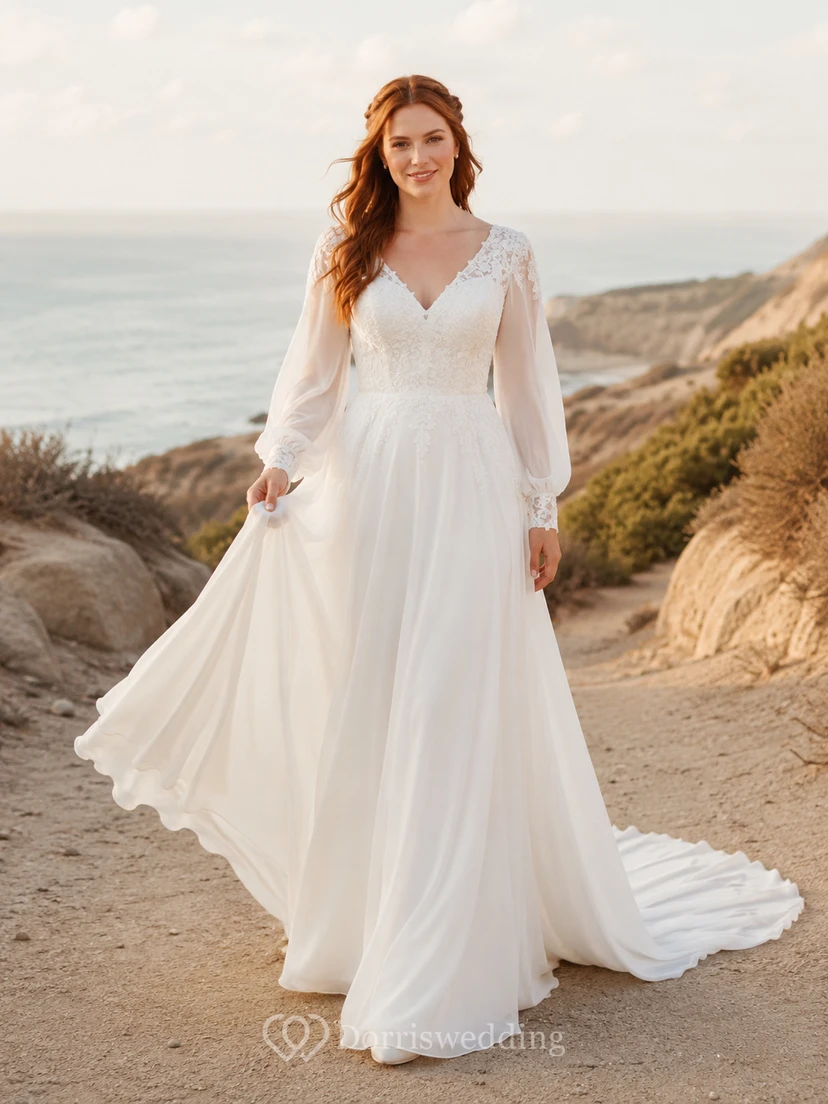Vestido de novia de gasa y encaje para la playa, corte en A, escote en V, manga larga, cola larga.