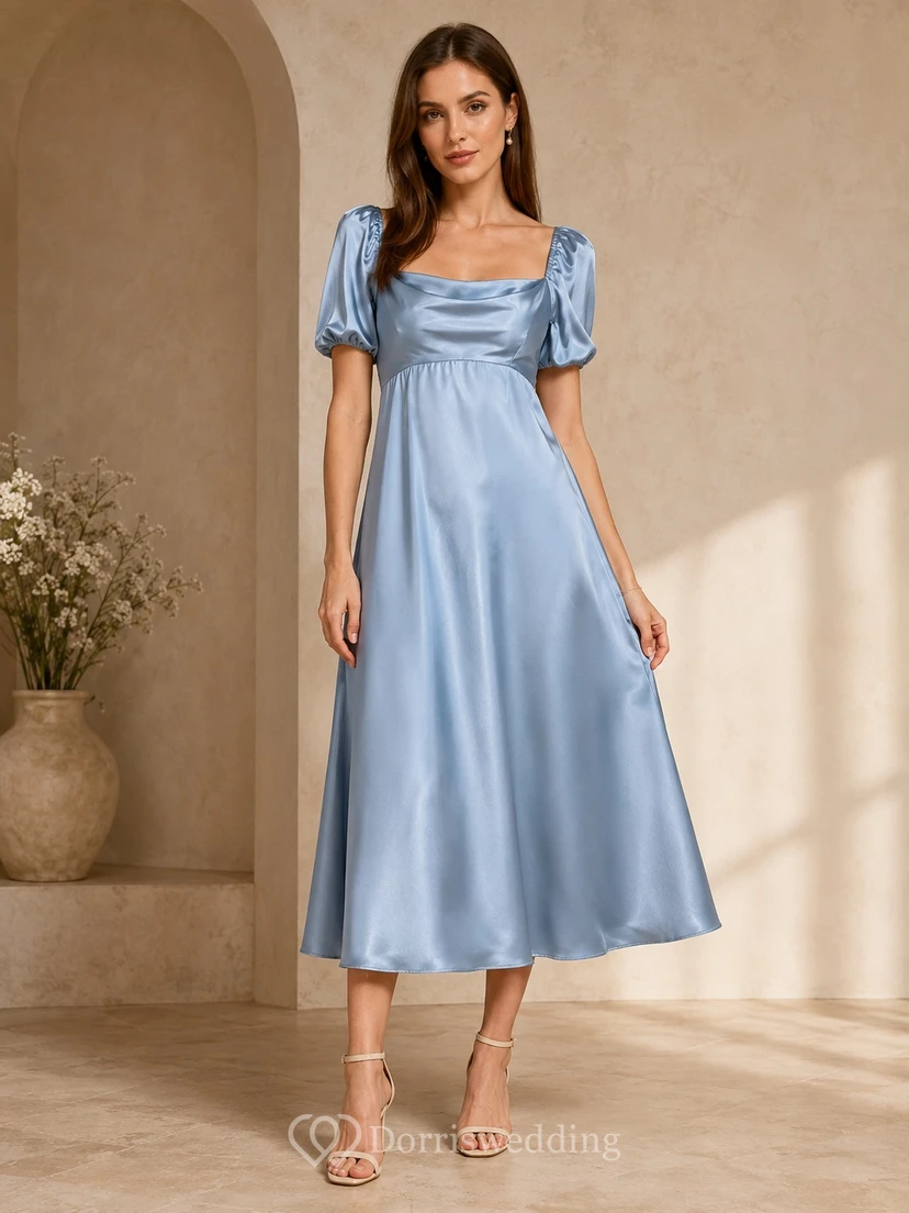 Steel Blue Cowl Neck Puff Sleeve Satin Empire Tea-Length A-Line Guest Dress