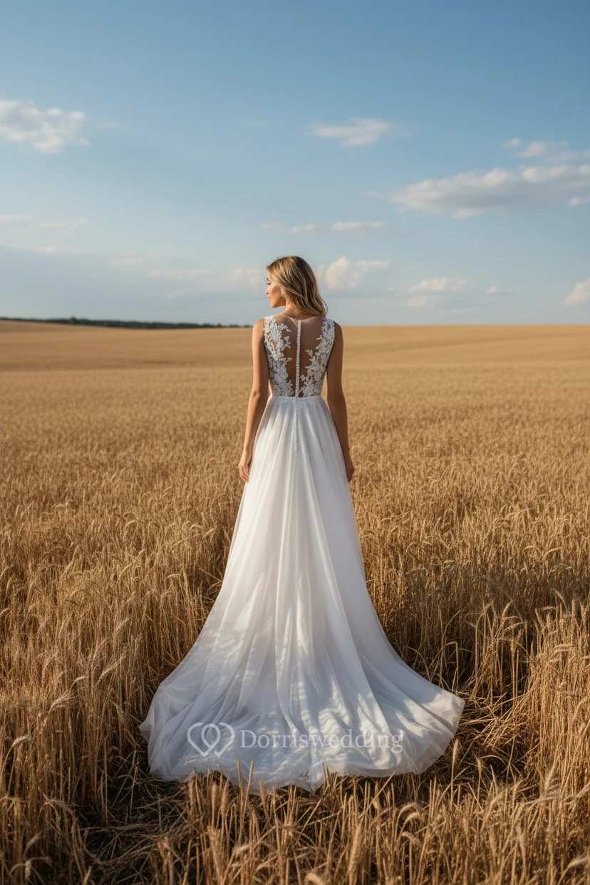 Robe de mariée champêtre sans manches en dentelle fourreau view 2