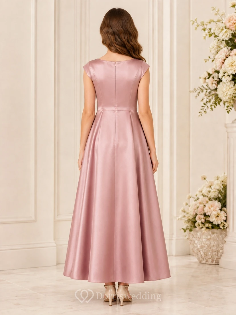 Vestido de dama de honor juvenil color rosa empolvado, corte en A, manga corta, detalle de lazo de satén elegante. view 2