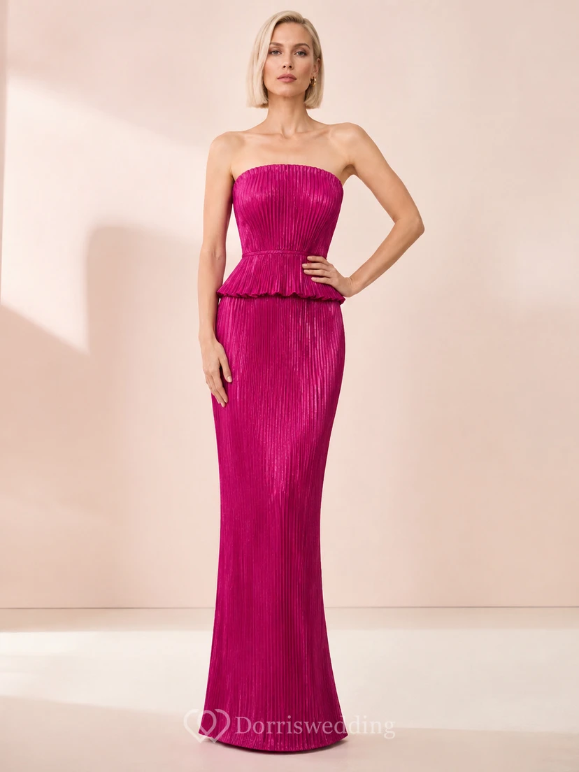 Fuchsia strapless pleated peplum floor length formal gown