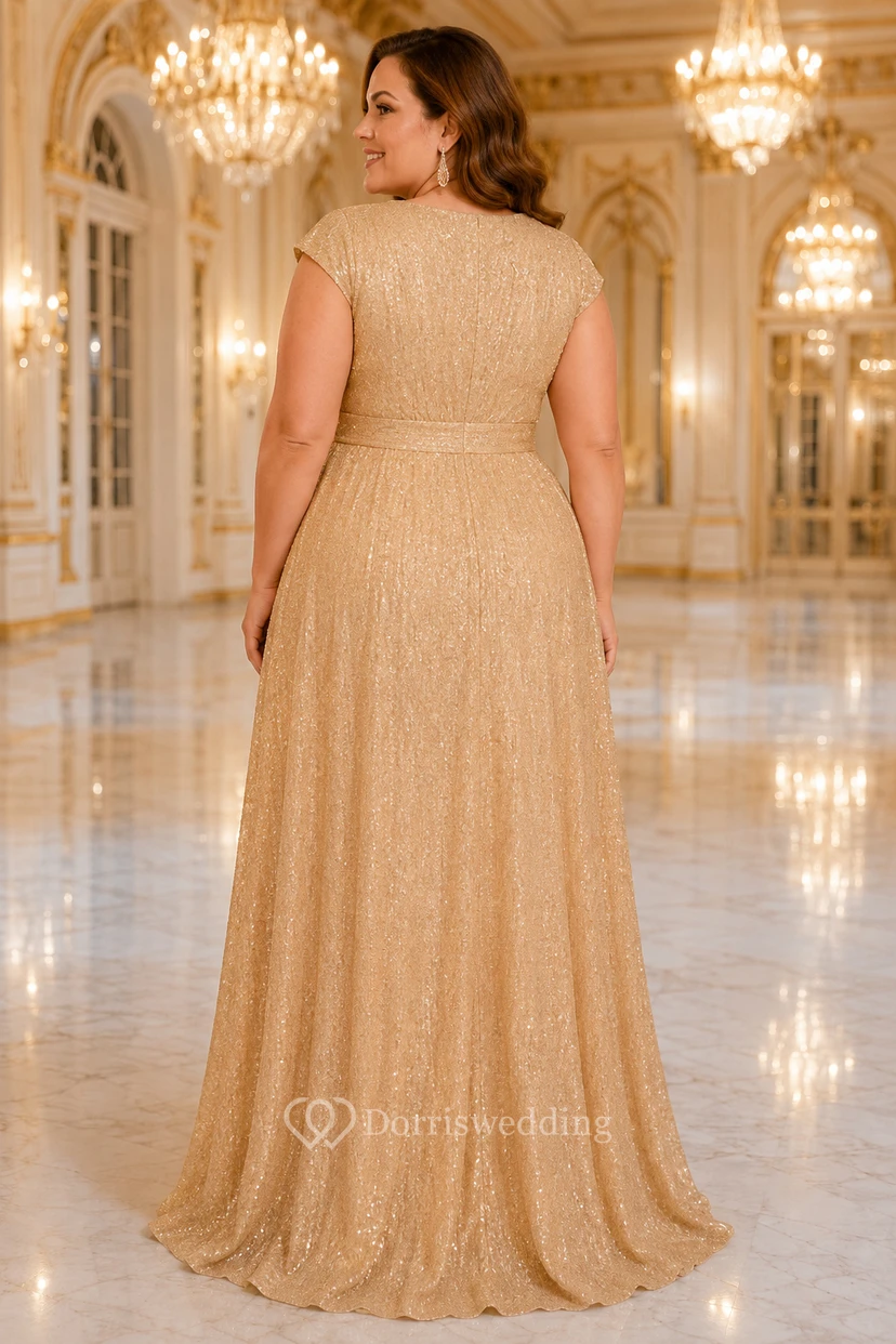 Robe de soirée grande taille à sequins dorés, coupe trapèze, col en V et manches courtes view 2