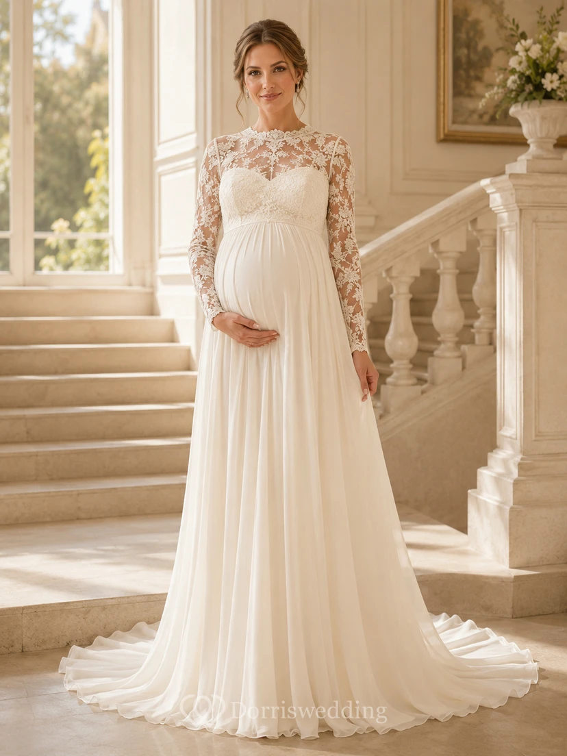 Modest Maternity Lace Wedding A Line High Neck Long Sleeves Court Train