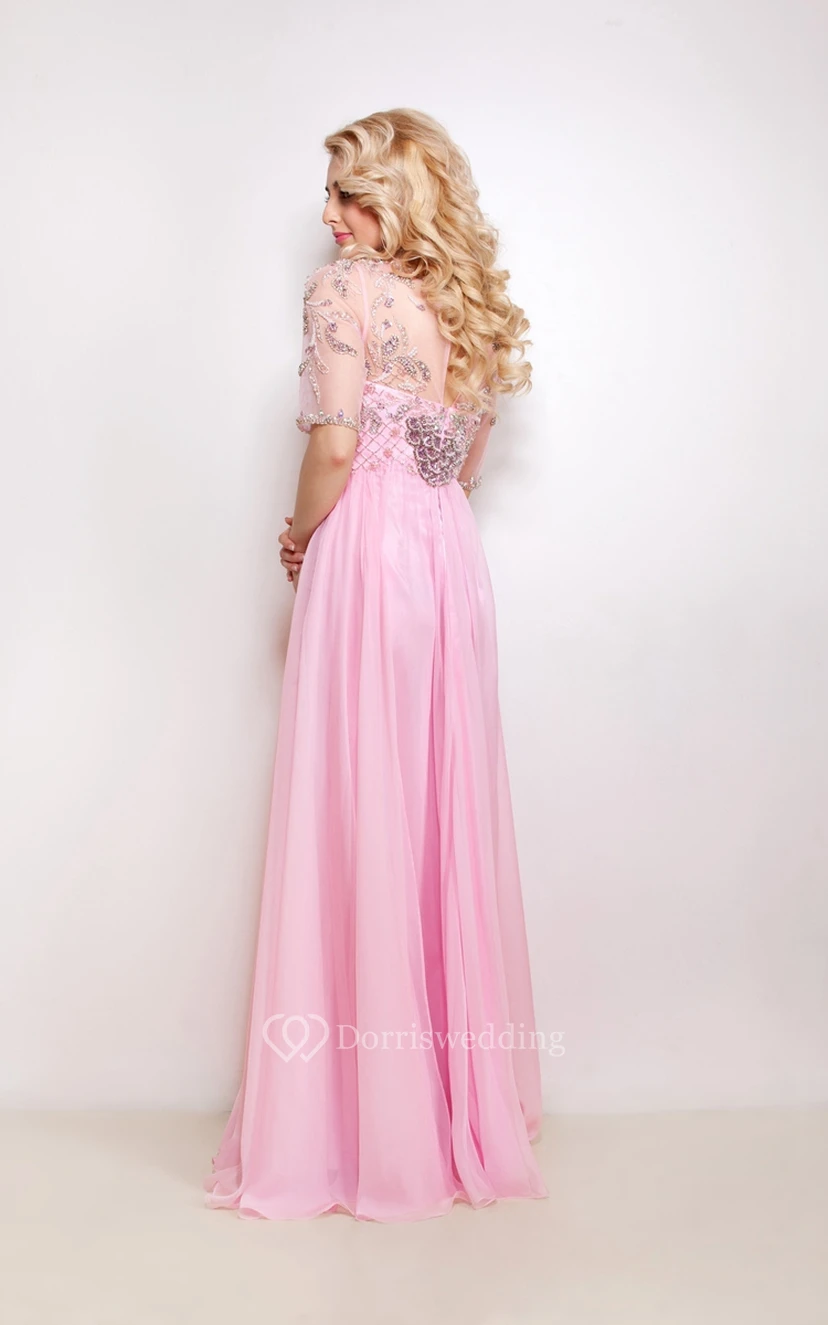 A-Line Floor-Length Sweep High-Neck Half Sleeve Empire Chiffon Beading Pleats Illusion Dress view 2