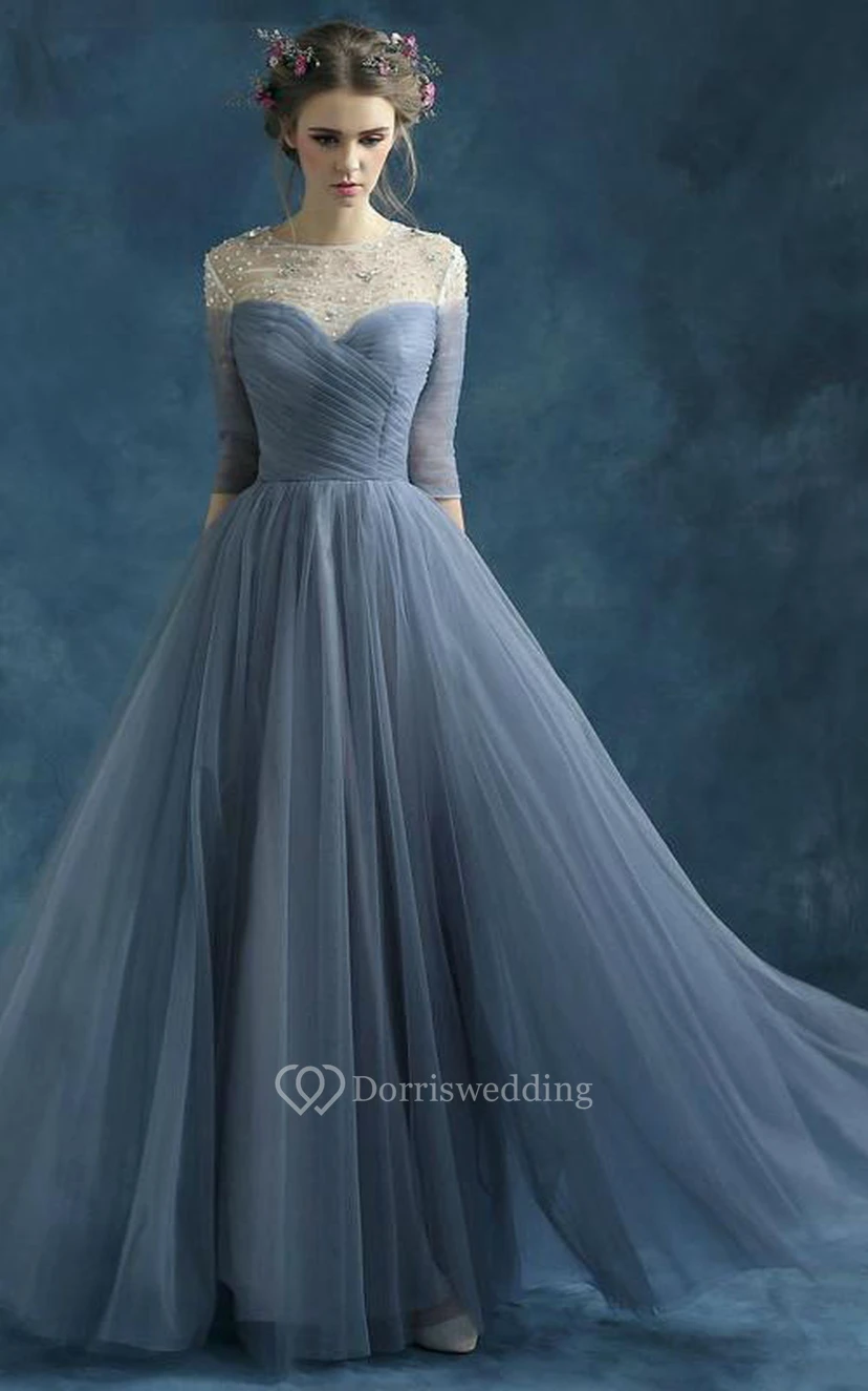 A-Linien-Kleid aus halben Ärmeln, langem, drapiertem Tüll mit Perlenstickerei