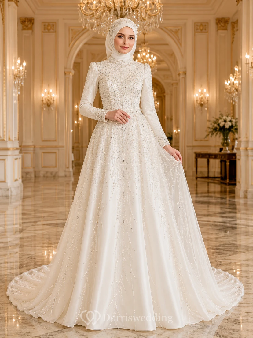 Vestido de novia modesto musulmán de corte princesa con cuello alto y bordados, con cola.