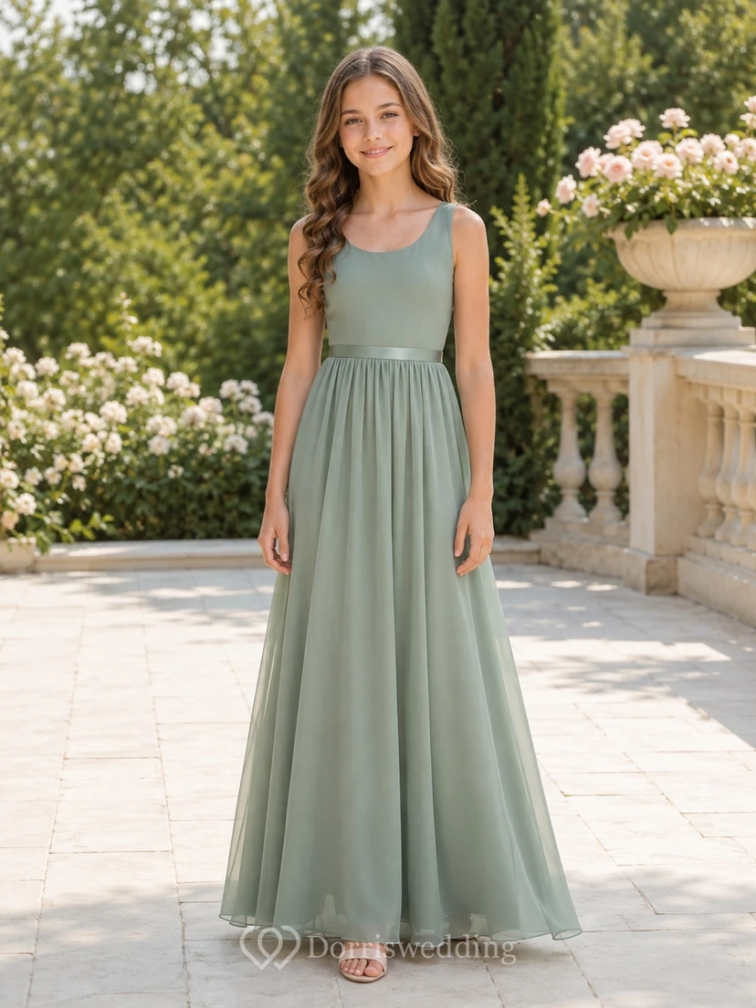 Vestido de dama de honor juvenil color celadón, corte en A, escote redondo, sin mangas