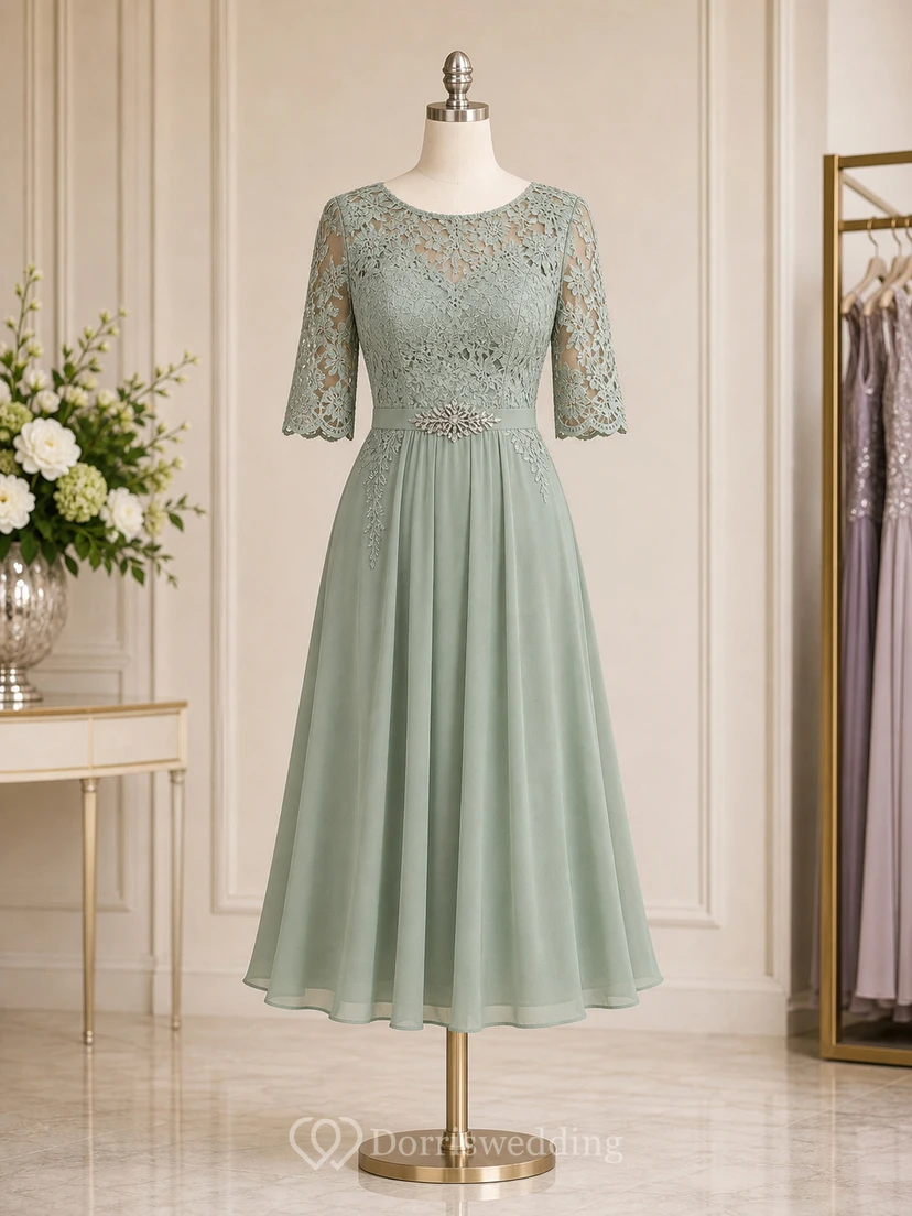Sage Tea Length Crystal Brooch Mother Dress Sage Bateau Jewel A-Line Tea-length view 7