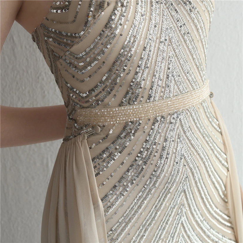 Paillettenbesetzter Chiffonrock mit Blumenmuster, handgefertigt mit Perlen und Neckholder-Ausschnitt, elegant und kühl, perfekt für festliche Anlässe. view 34