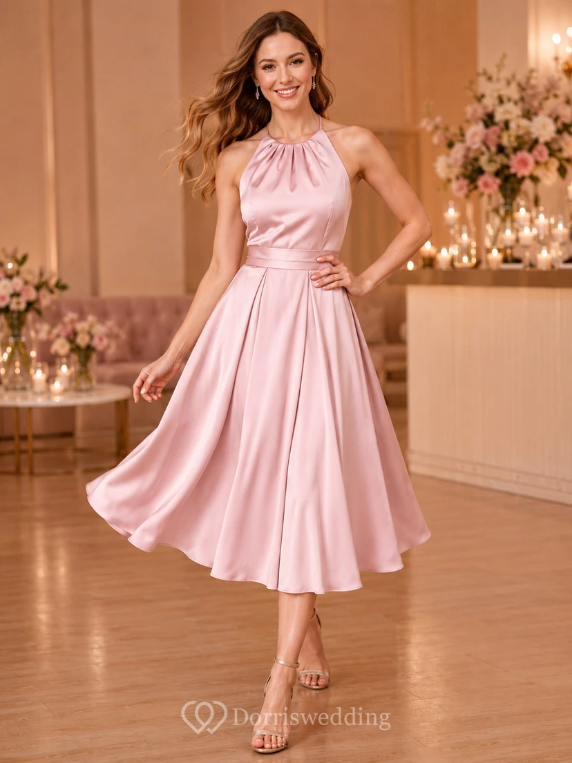 Robe de mariée rose poudré en satin plissé, dos nu, longueur thé, à bretelles licou.