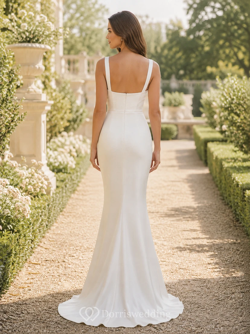 Robe de mariée sirène en satin plissé, dos nu, col carré et bretelles larges, fermeture éclair, traîne balayée, longueur au sol. view 2