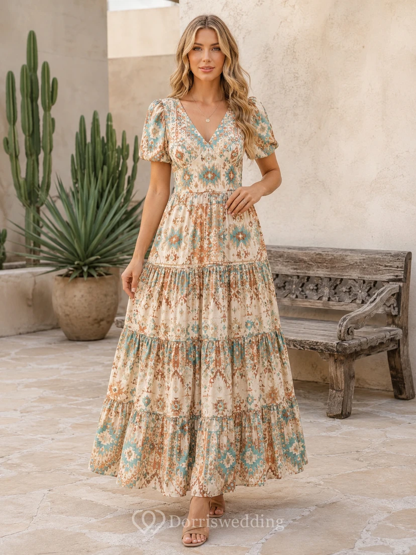 Vestido largo de invitada con escote en V y mangas abullonadas, de estilo azteca suave.