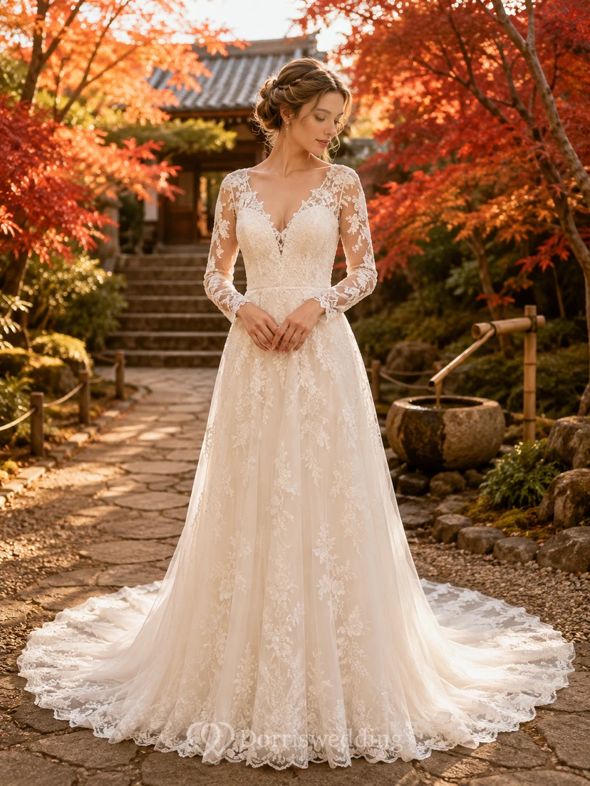 Robe de mariée Modest Destination à manches longues, décolleté en V plongeant, en dentelle, coupe trapèze, traîne chapelle illusion