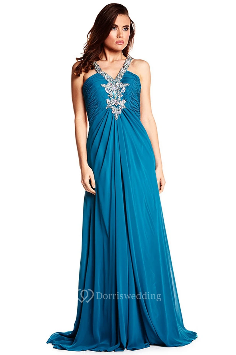 A-Line Ruched Sleeveless Floor-Length Empire Chiffon Prom Dress With Straps And Beading