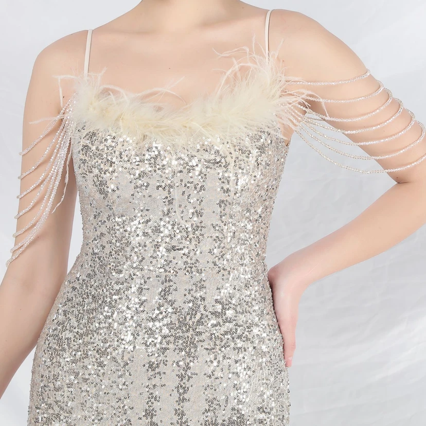 Craft Beaded Ostrich Feather Fantasy Sequined Long Evening Dress view 45