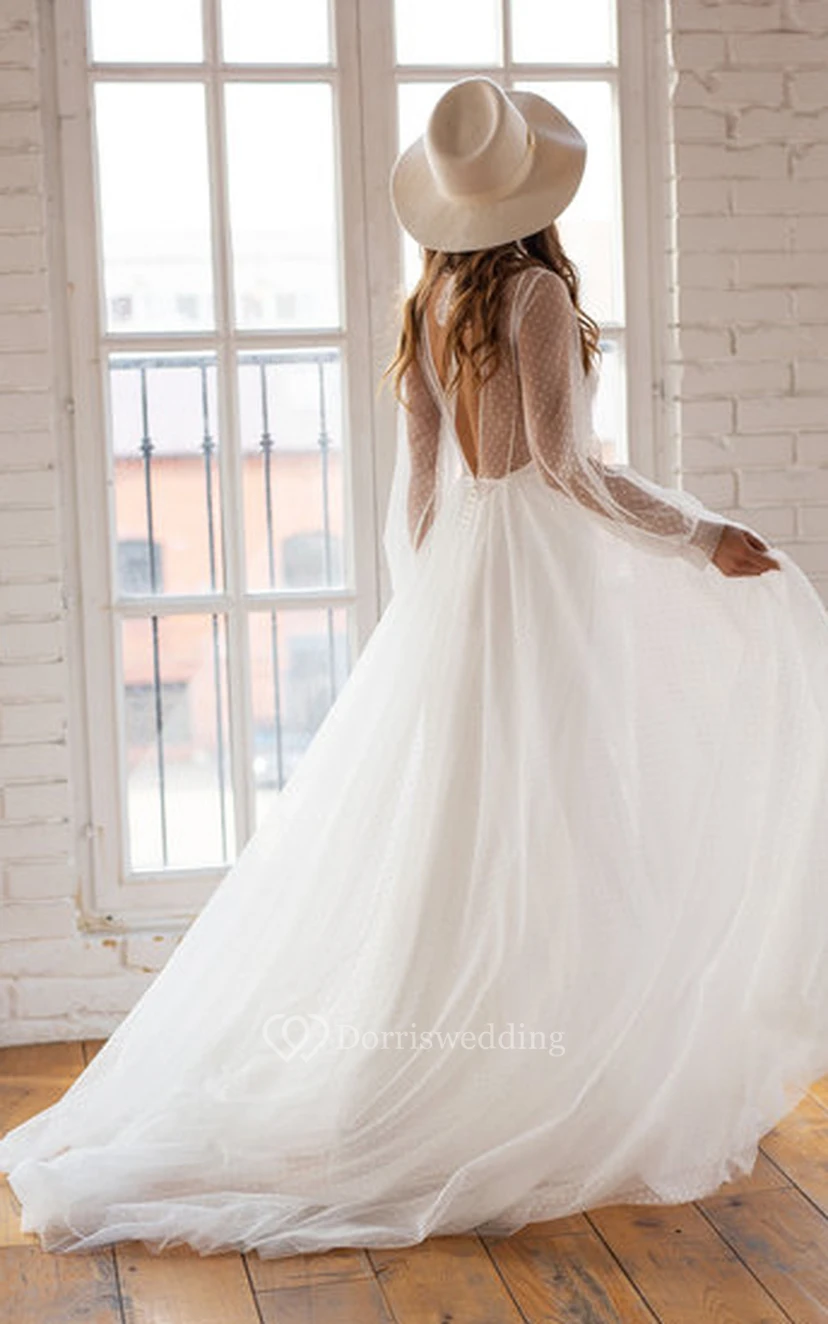 Elegantes, bodenlanges Chiffon-Brautkleid mit A-Linie, langer Ärmel und Schleppe view 2