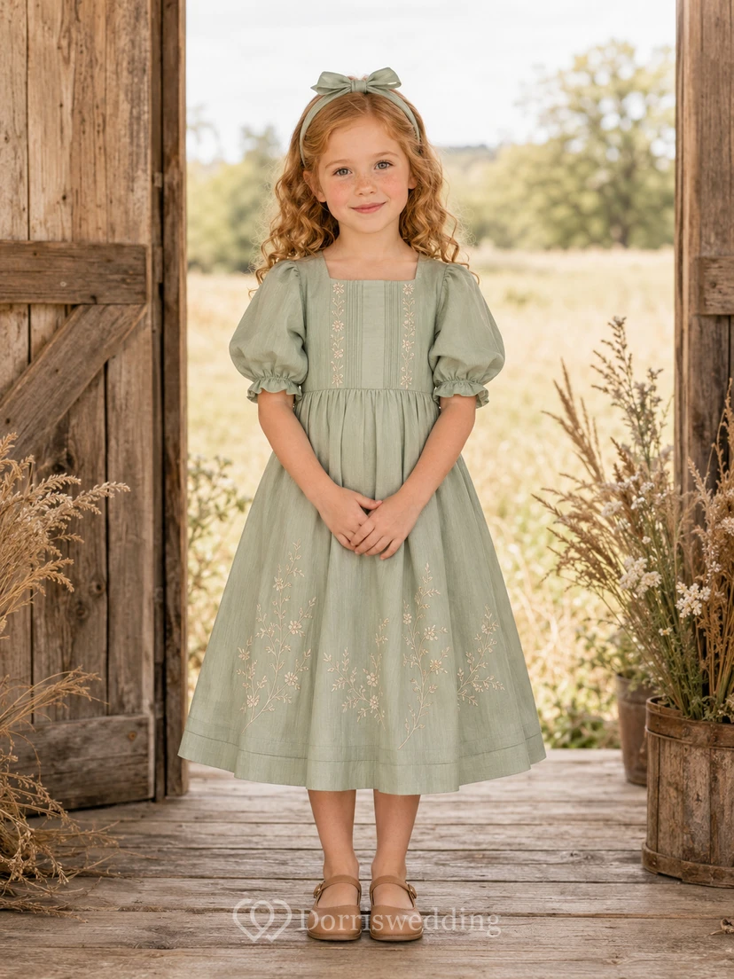 A-Line Flowergirl Sage Floral Print Tulle Tea-Length Puff Sleeve Prairie Wedding Dress