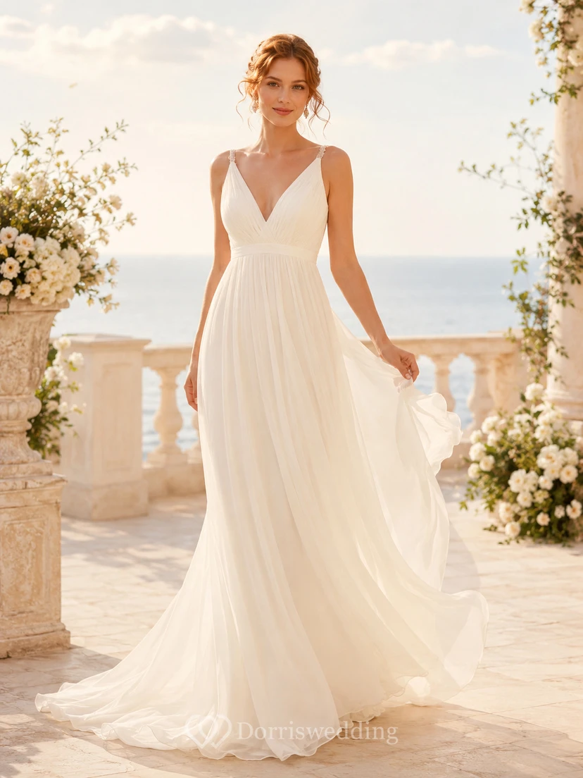 Vestido de novia de gasa para playa, corte en A, escote en V, sin mangas, cola larga, espalda baja en V.