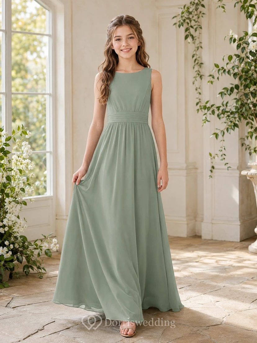 Celadonfarbenes Brautjungfernkleid für junge Mädchen, A-Linie, mit Schmucksteinen, ärmellos, schlicht