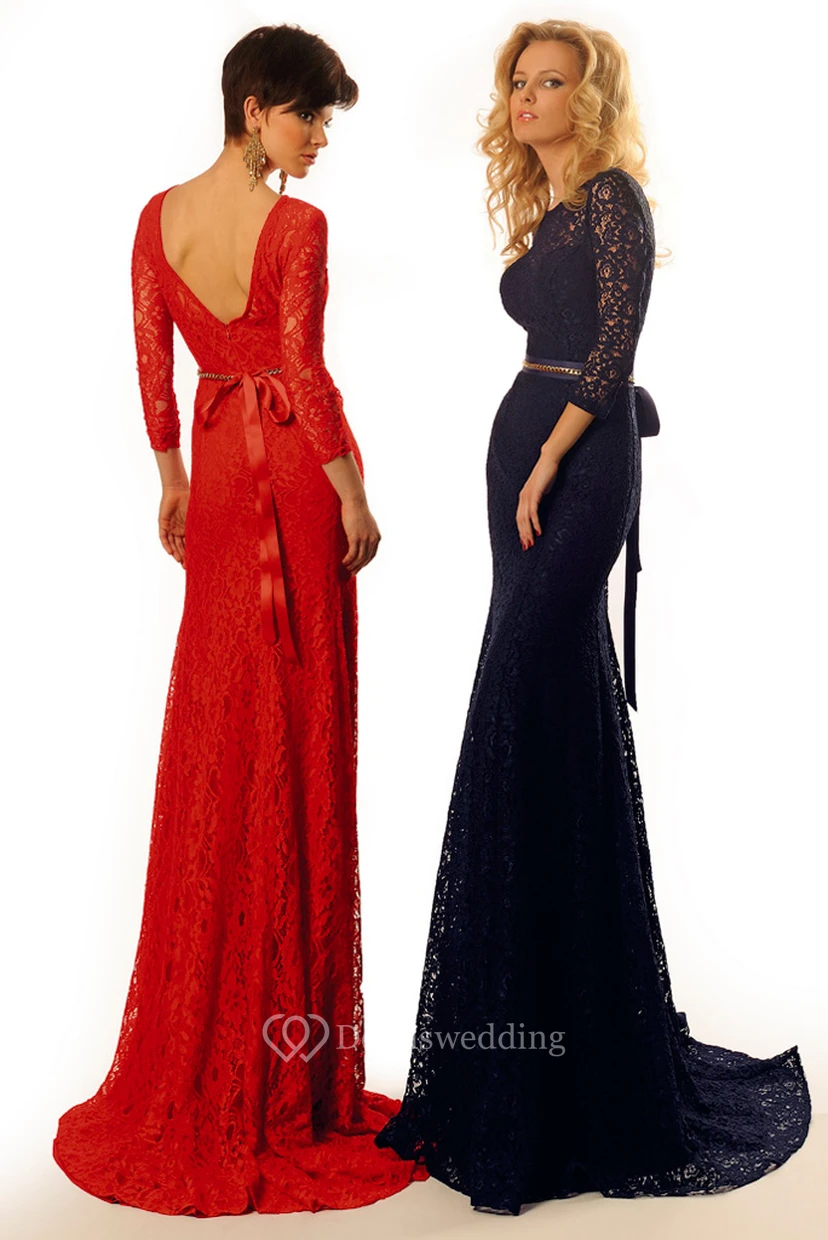 Sheath Jeweled Scoop-Neck Long-Sleeve Floor-Length Lace Prom Dress With Bow view 2