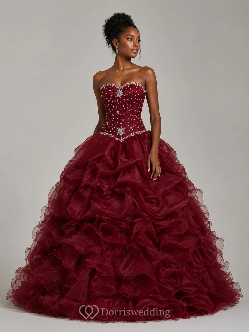 Vestido de gala largo hasta el suelo, escote corazón, sin mangas, volantes, lentejuelas y organza view 5