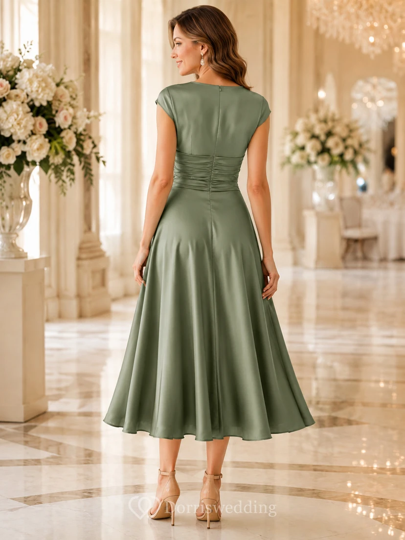 Jade V Neck Cap Sleeve Ruched Satin Tea Guest Dress view 2