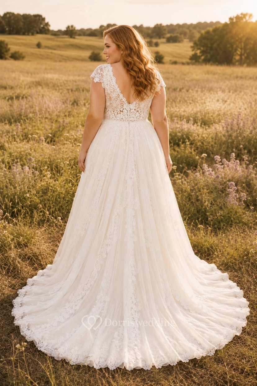 Vestido de novia de talla grande con mangas cortas, escote en V, encaje y corte en A con cola de tul. view 2