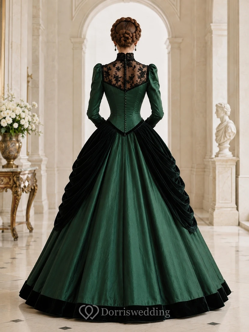 Dark Green Victorian Illusion Long Sleeve Lace Ball Gown Dress view 2