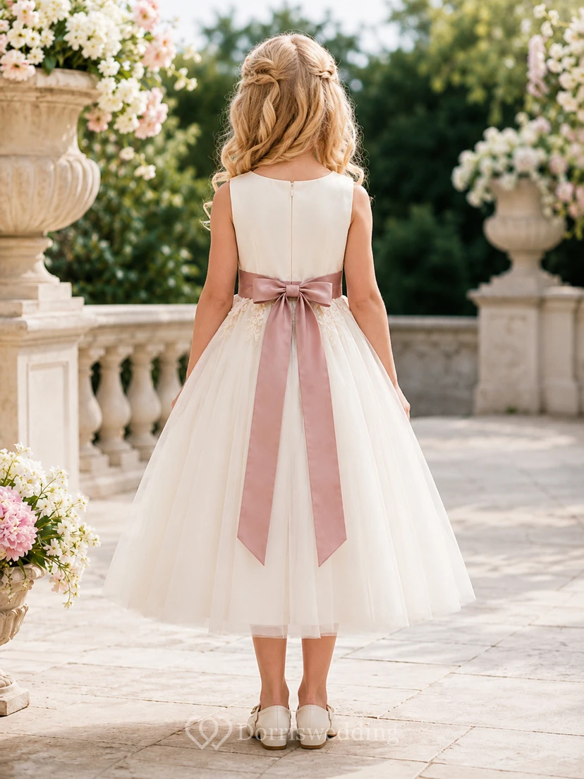 Bow Back Tulle A-Line Flower Girl Dress with Jewel Neck and Tea-Length Skirt view 2